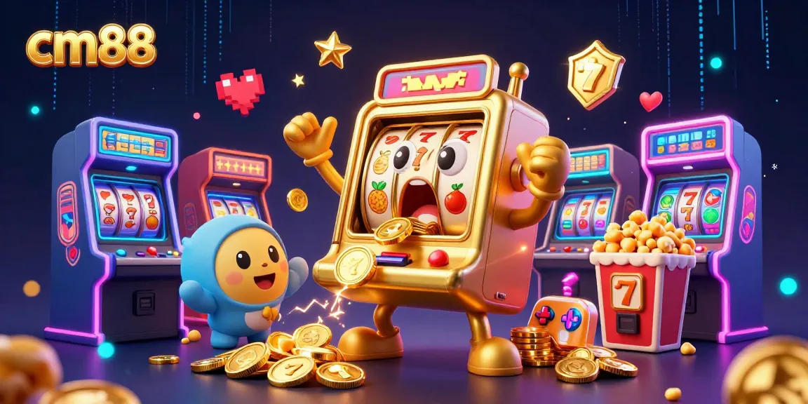 Experience the cm88 casino excitement with a golden slot machine hitting a jackpot in this vibrant 3D illustration.