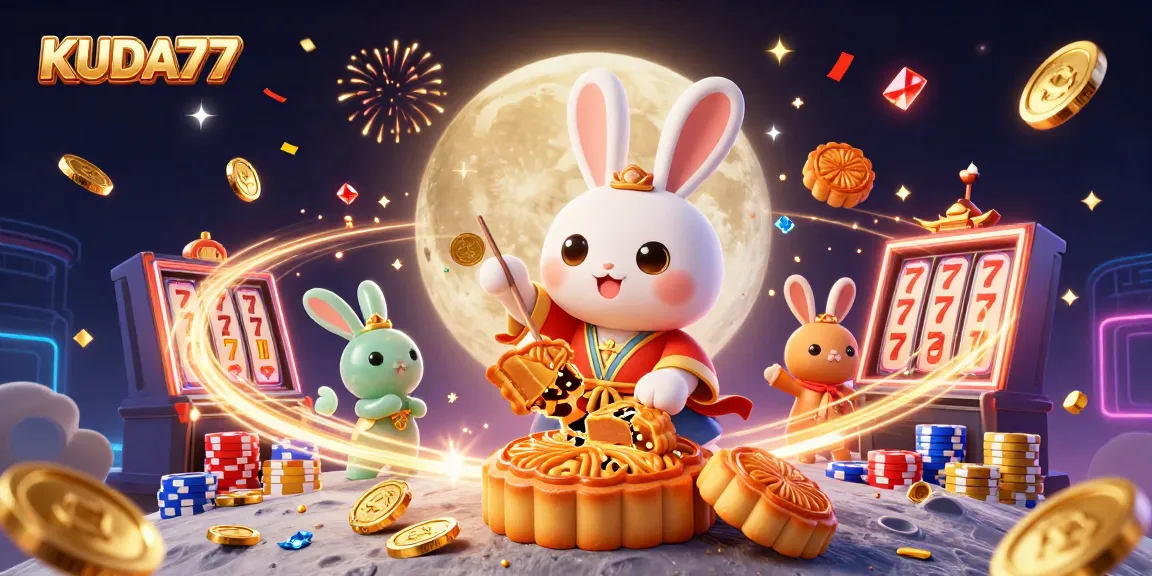 Menangkan jackpot di KUDA77 dengan ilustrasi 3D yang menampilkan kelinci bulan dan simbol keberuntungan.