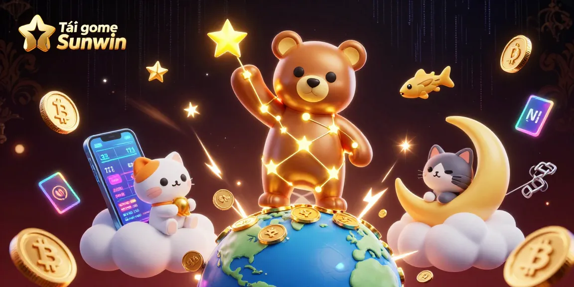 Experience Tải game Sunwin with vibrant 3D characters surrounded by cryptocurrency elements.