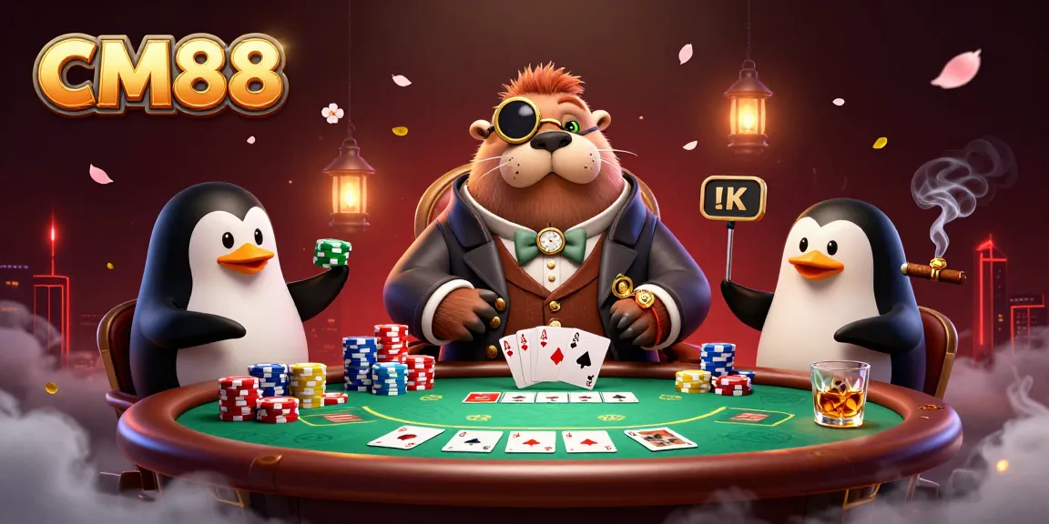 CM88 walrus engages in a poker game against a penguin dealer and bluffing pufferfish.