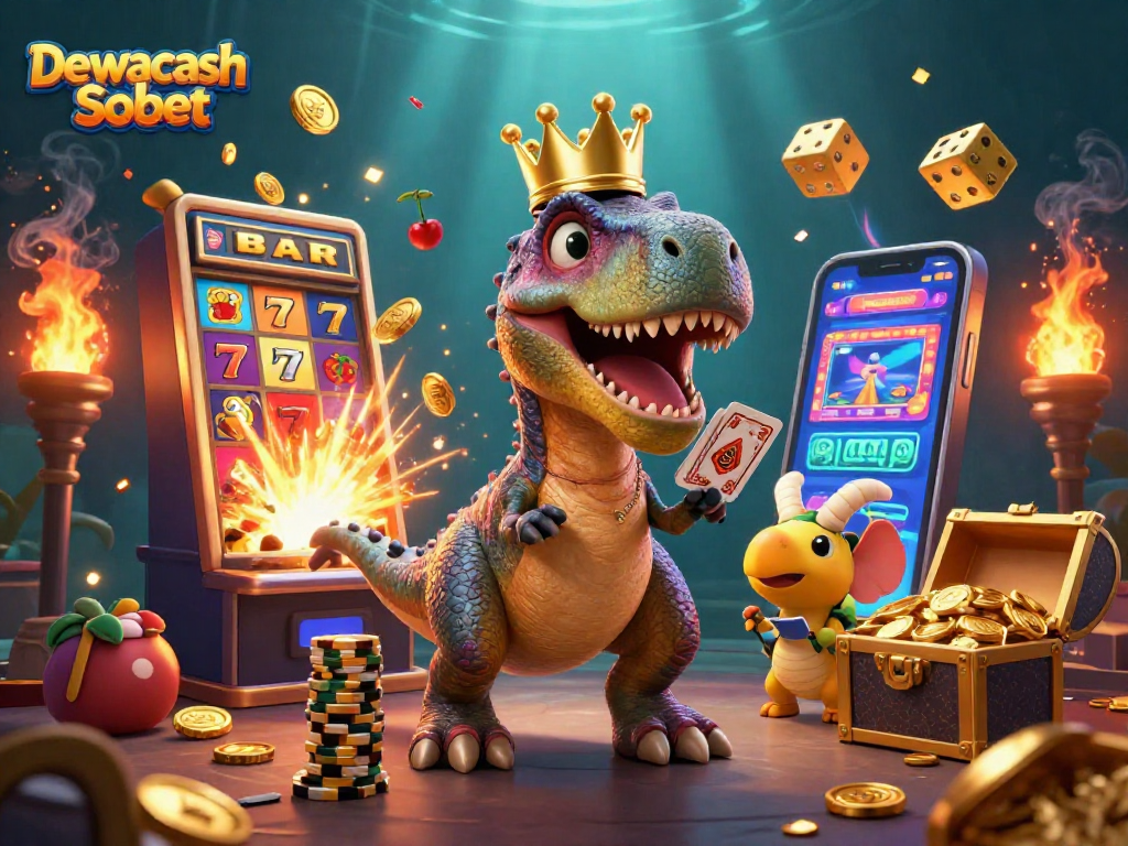 Dewacash Sbobet showcases a playful T-Rex and friends in a lively casino scene, enhancing the gaming experience.