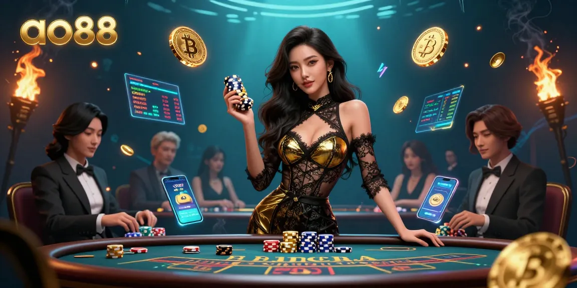 Engage in high-stakes baccarat at ao88 with a glamorous Asian player surrounded by crypto elements.