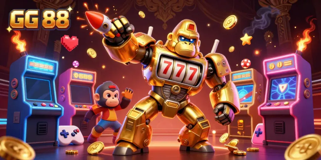 GG 88 showcases a golden gorilla mech striking a winning pose amidst vibrant casino elements.