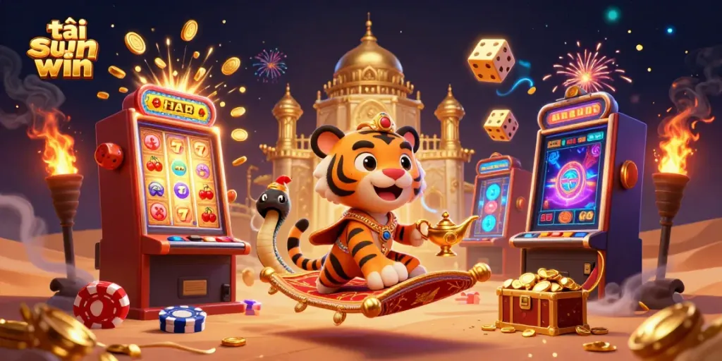 Engaging scene depicting a sultan tiger flying on a carpet made of poker chips while promoting tải sun win in a vibrant casino setting.