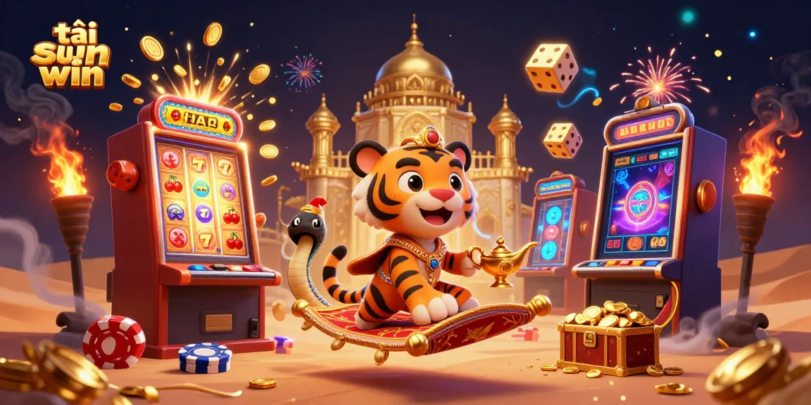 Engaging scene depicting a sultan tiger flying on a carpet made of poker chips while promoting tải sun win in a vibrant casino setting.