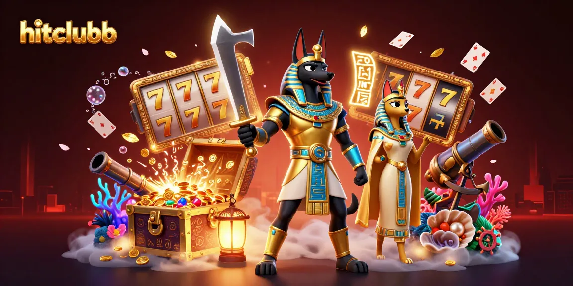 Engage in exciting games at hitclubb, featuring Anubis and Bastet amidst spinning slots and treasures.