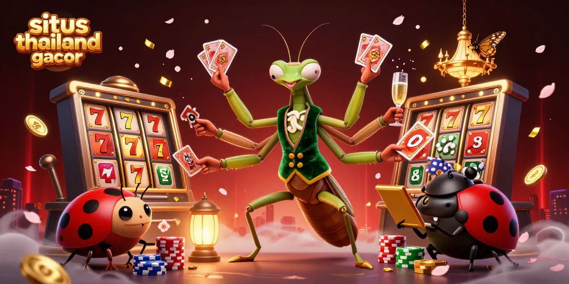 Engage with situs thailand gacor in this vibrant casino scene featuring a mantis dealer, ladybug pit boss, and dynamic game elements.