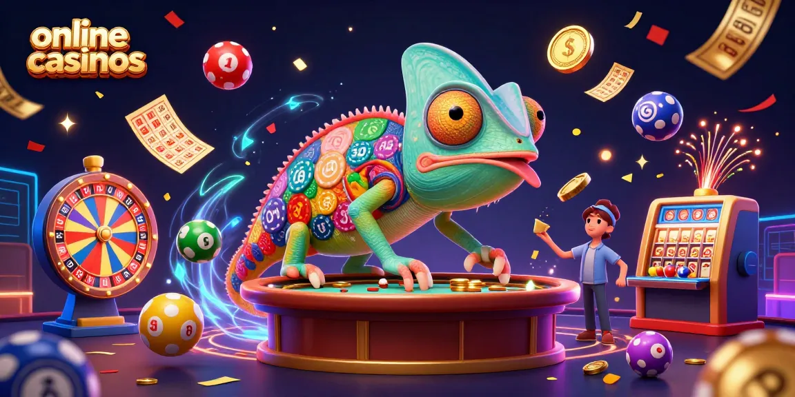 Engage with thrilling online casinos, featuring a vibrant chameleon owner amidst dynamic lottery elements.