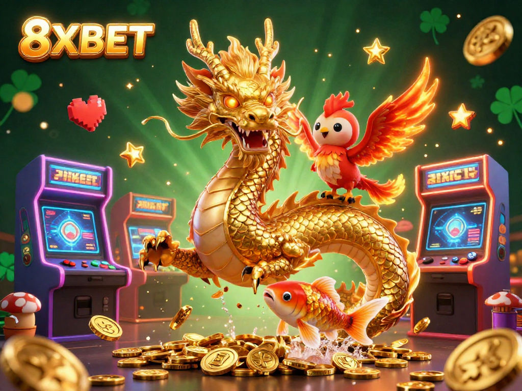 Experience the thrill of 8XBET with dynamic 3D casino elements, including a dragon and phoenix amid coins.