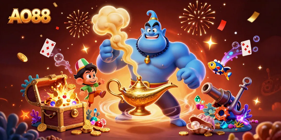 Experience the magic of AO88 with a genie and poker chips in an enchanting scene.