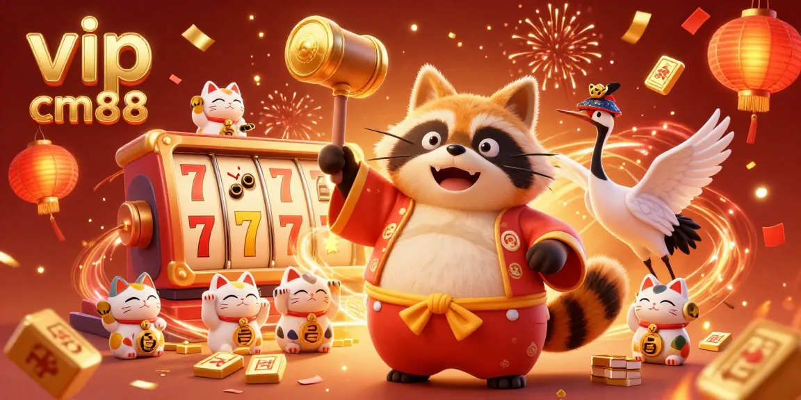 Spin with excitement at vip cm88, featuring a lively tanuki and lucky symbols in a vibrant slot game scene.