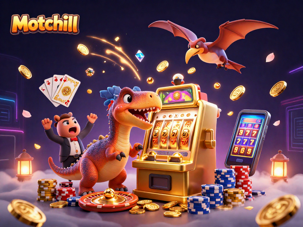 The Motchill scene brings dynamic action as a pachycephalosaurus jackpots on a slot machine, surrounded by casino excitement.