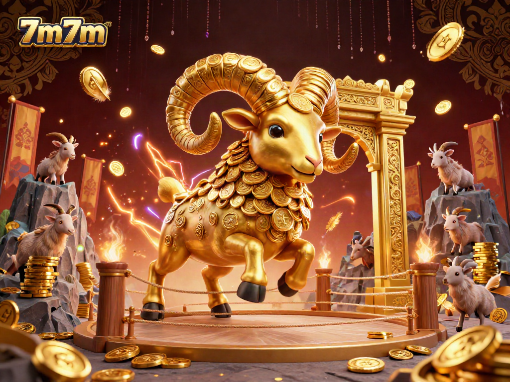 Experience the thrilling energy of 7m7m with a golden ram charging through a vibrant betting arena.