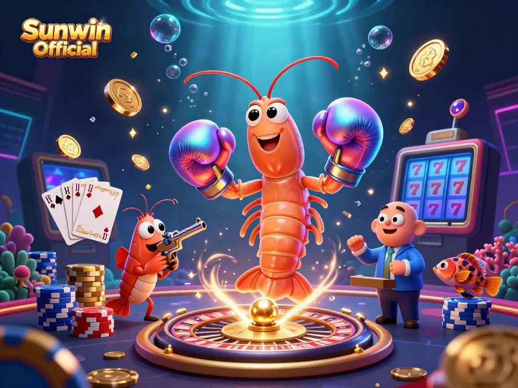 Experience dynamic gaming action with Sunwin Official, featuring vibrant shrimp characters amidst casino elements.