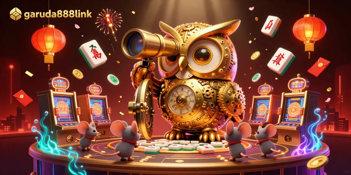 Engage with garuda888link's dynamic casino floor featuring a golden owl and charming mouse patrons.