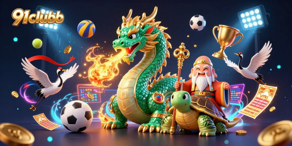 Experience thrilling gameplay with 91clubb showcasing a vibrant 3D scene featuring a dragon, turtle sage, and sports elements.