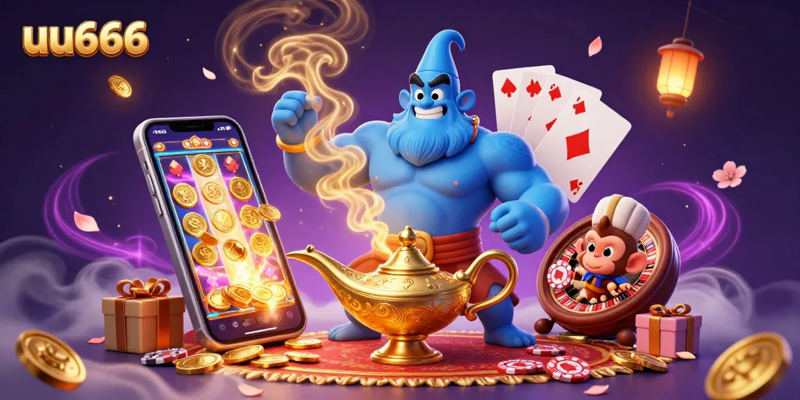 Engage in thrilling adventures with the uu666 casino featuring a blue genie, poker chips, and vibrant slot games.