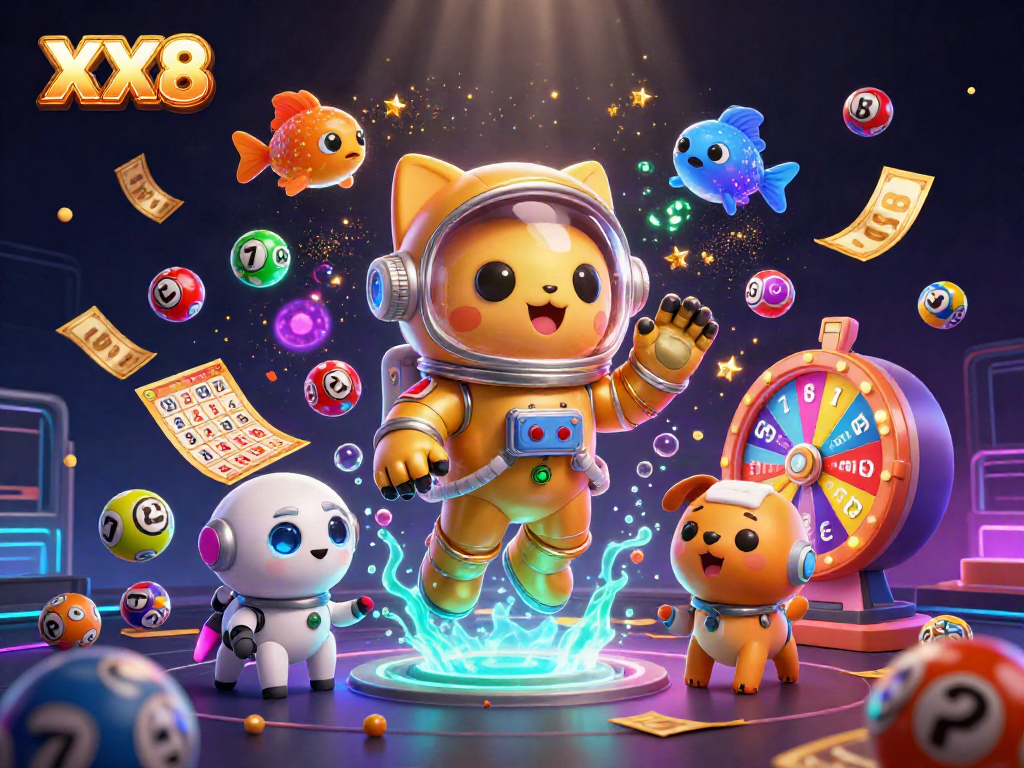 Experience excitement with XX8 as a cat astronaut and robot dog amidst colorful lottery elements in an epic casino scene.