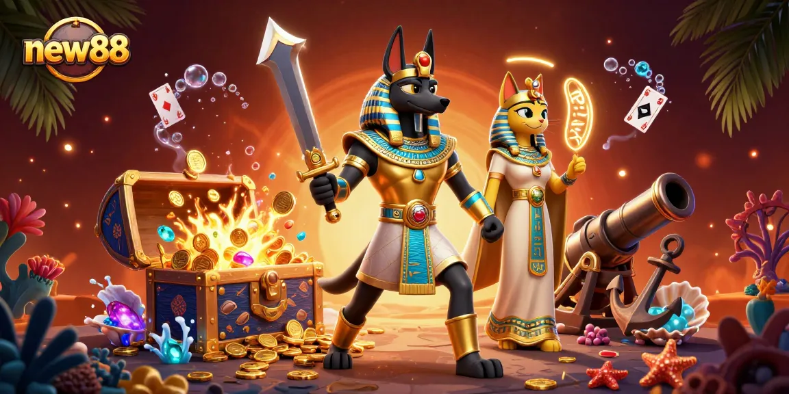 Experience thrilling wins at new88 with Anubis and Bastet among treasures and game elements in this vibrant casino scene.
