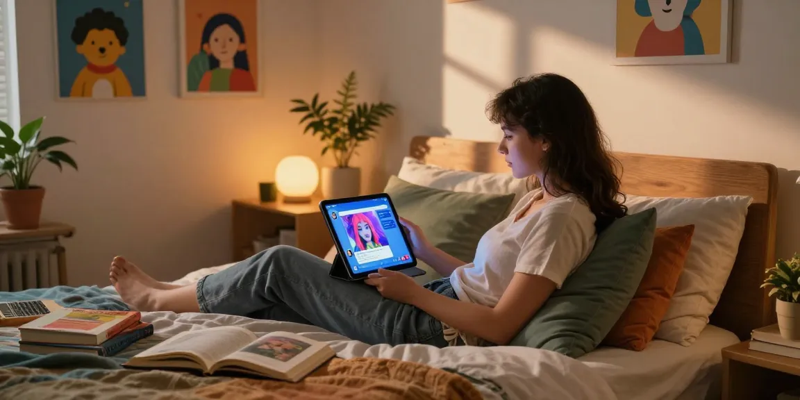 Interactive ai chat nsfw session with vibrant character on tablet in cozy bedroom.