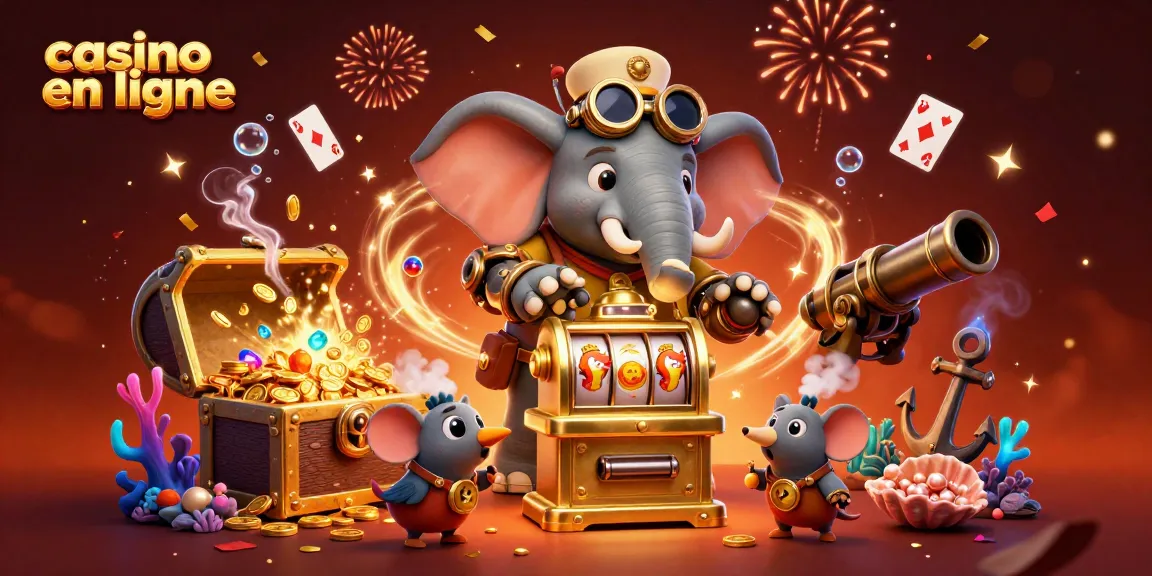 Découvrez les jeux de casino en ligne avec des machines à sous colorées et un éléphant ingénieur steampunk.