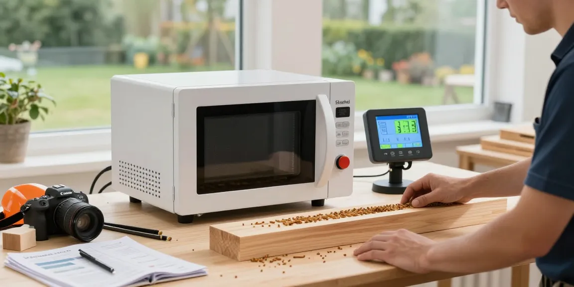 Shashel microwave device eliminating woodworms in a workshop setting, showcasing effective wood preservation technology.