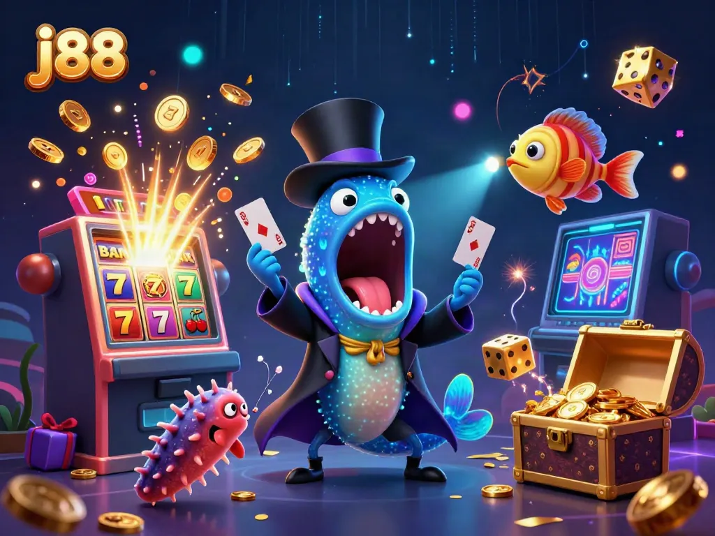 Experience the thrill of j88 with vibrant casino-themed underwater characters in an epic scene.