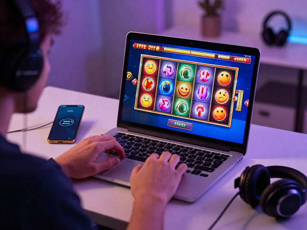 Engaging online gaming experience with a player enjoying slot gacor games on a laptop in a vibrant home office.