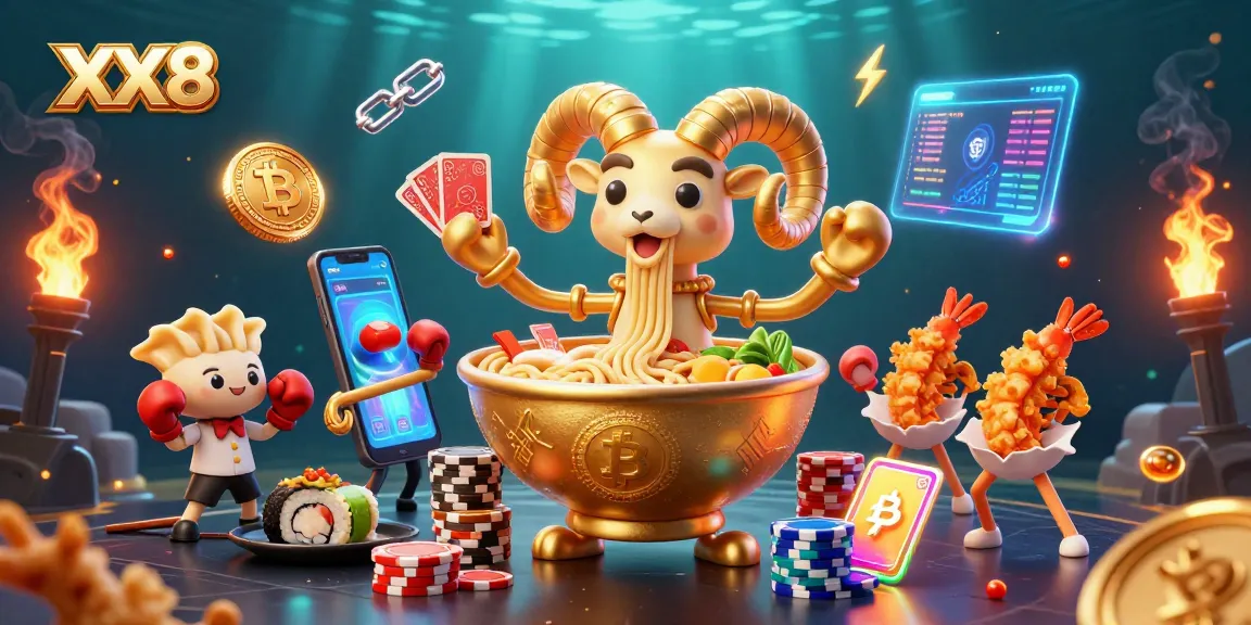 Win big with XX8 casino features a golden ramen bowl dealer and crypto elements.