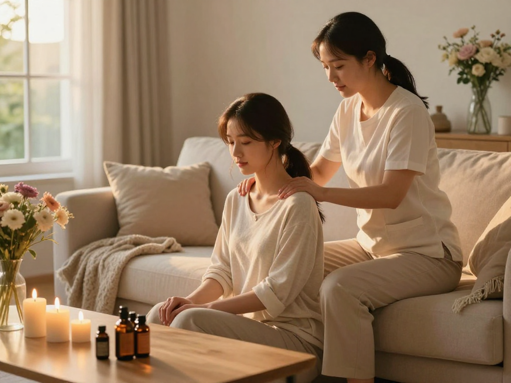 Young woman experiencing a soothing 노원출장안마 massage in a serene home setting for relaxation and rejuvenation.