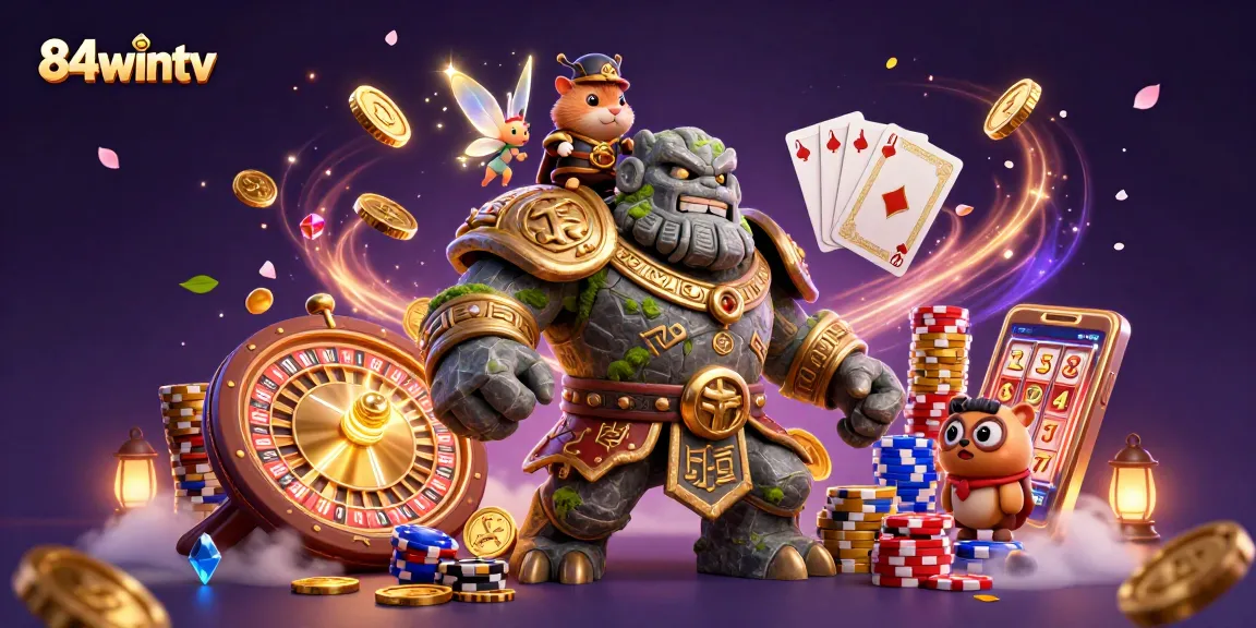 Cascade of golden coins and vibrant poker chips surround the adventure of 84wintv's stone guardian