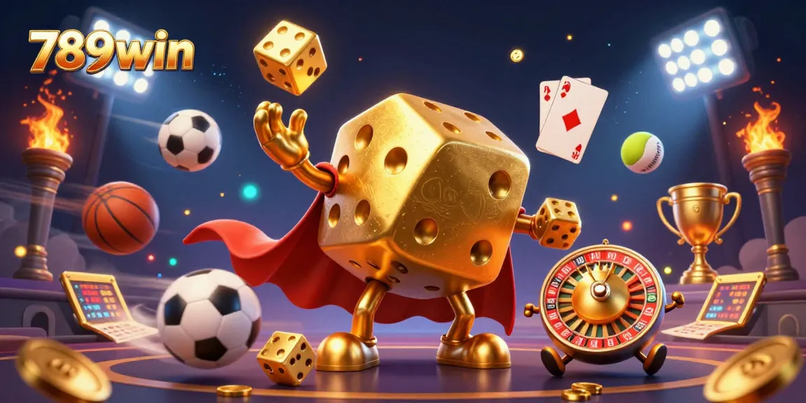 Bet and win at 789win with the energetic scene of golden dice juggling and sports excitement.
