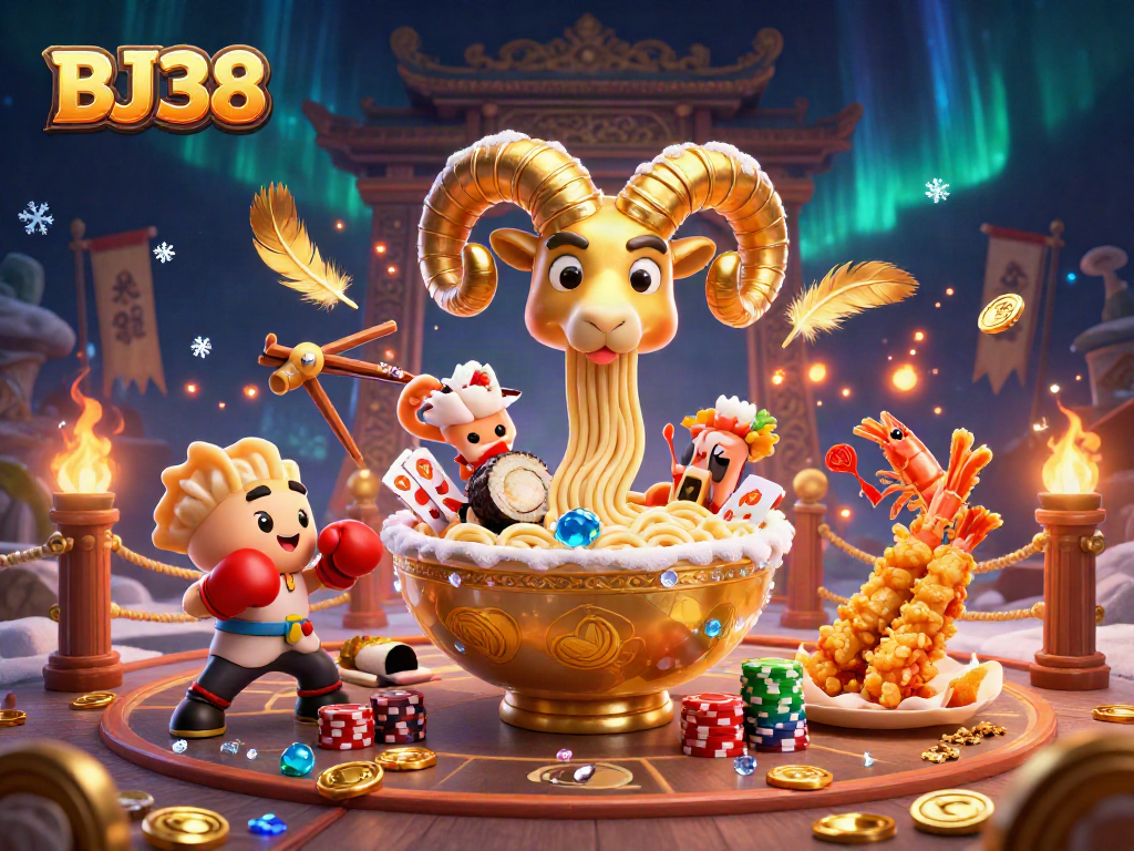Engage in thrilling action with BJ38’s dynamic casino illustration showcasing vibrant characters and gaming elements.