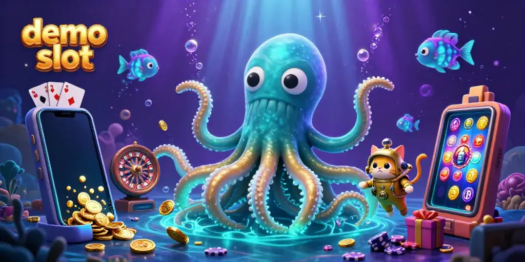 Memainkan demo slot di bawah laut, dengan kraken dan ikan bioluminesen