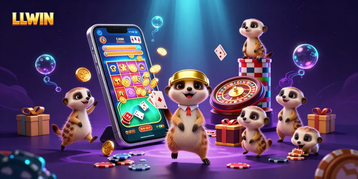 LLWIN meerkats managing a vibrant casino, featuring slot games, colorful elements, and exciting action.
