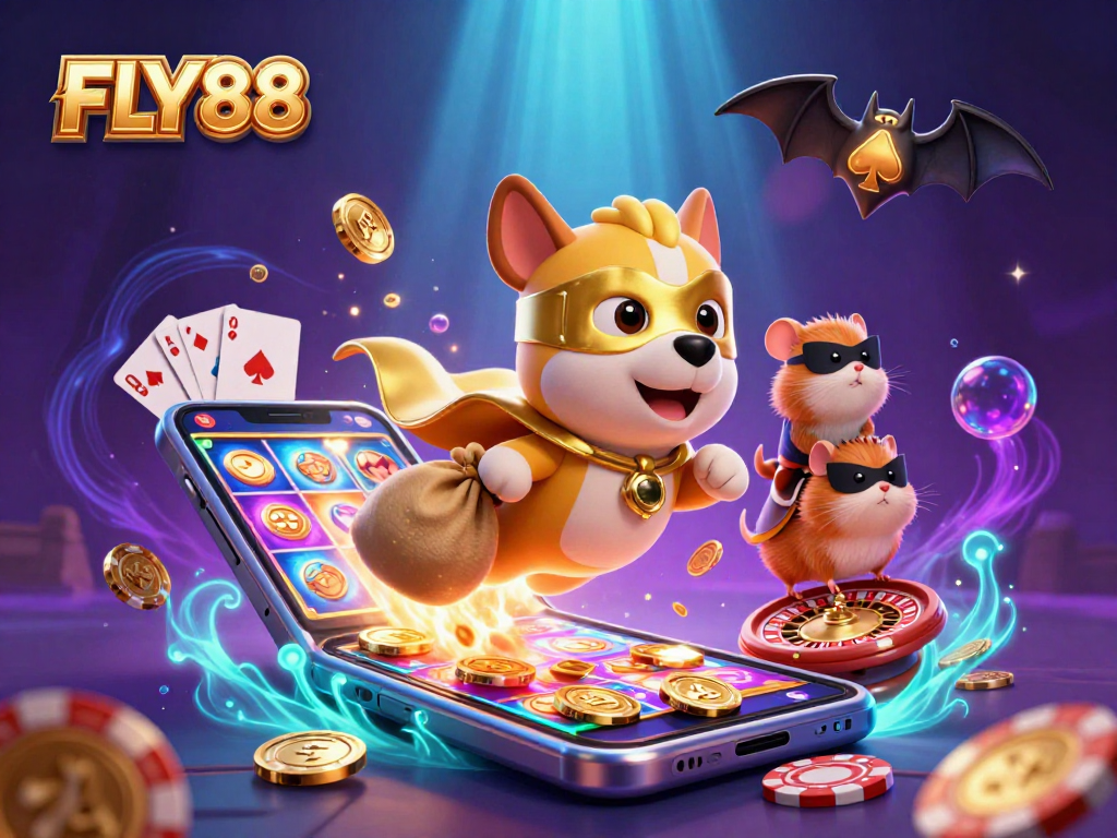 FLY88 offers thrilling gaming action with a dynamic superhero dog and hamster against a vibrant casino backdrop.