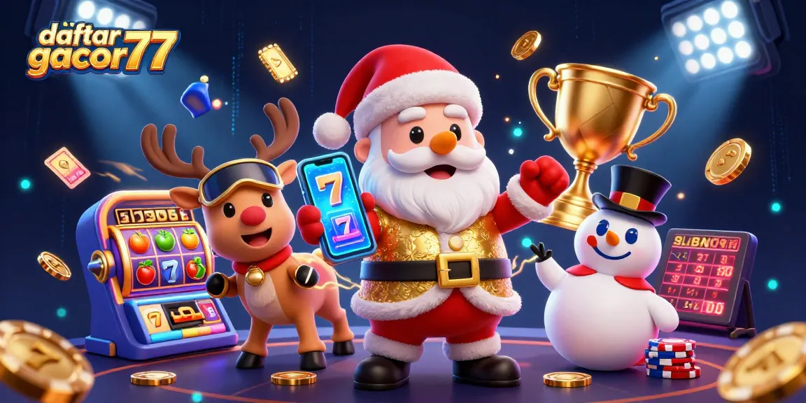 Enjoy thrilling games on daftar link gacor77 with festive characters in a vibrant casino scene.