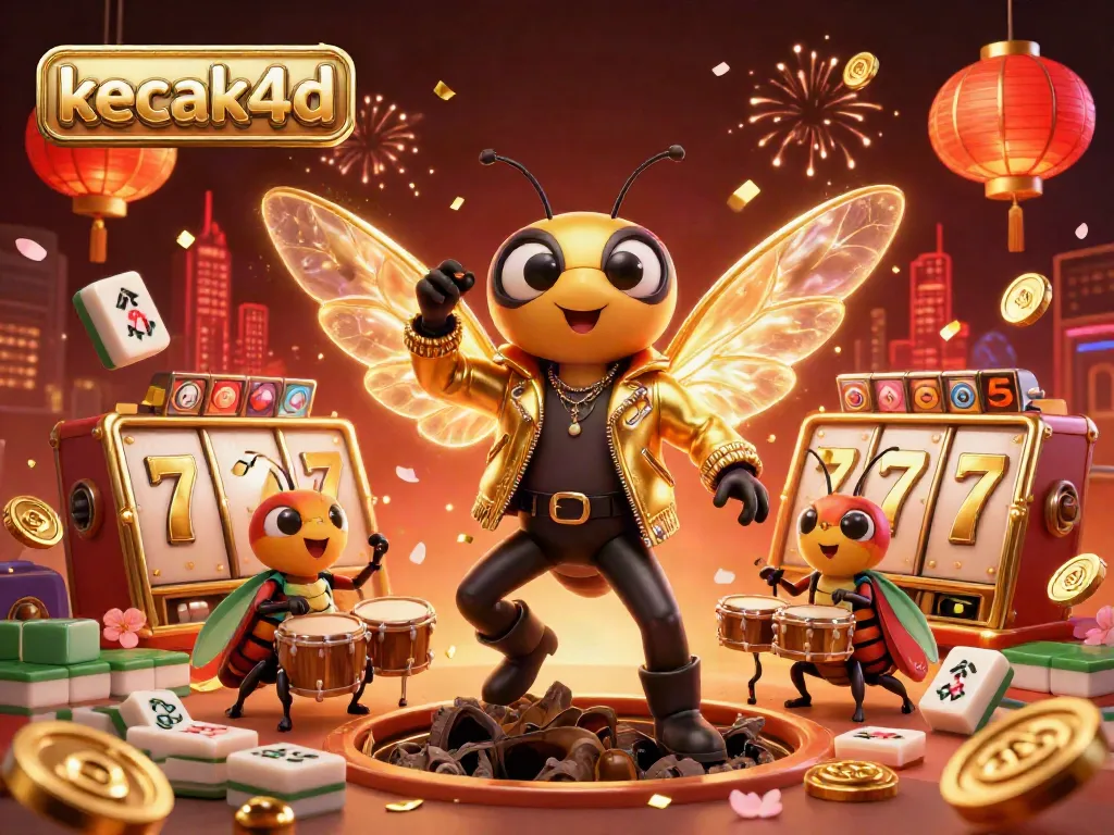 Experience the vibrant energy of kecak4d with a dynamic casino scene featuring a rock star cicada, beetle drummer, and floating slot reels.