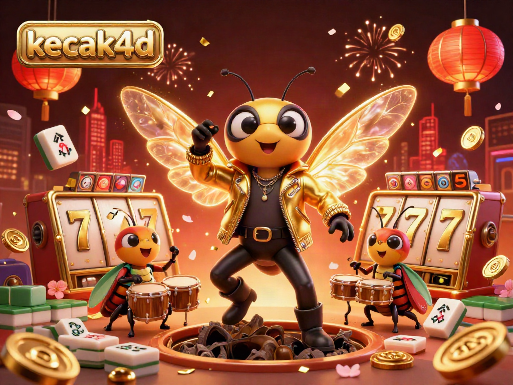 Experience the vibrant energy of kecak4d with a dynamic casino scene featuring a rock star cicada, beetle drummer, and floating slot reels.