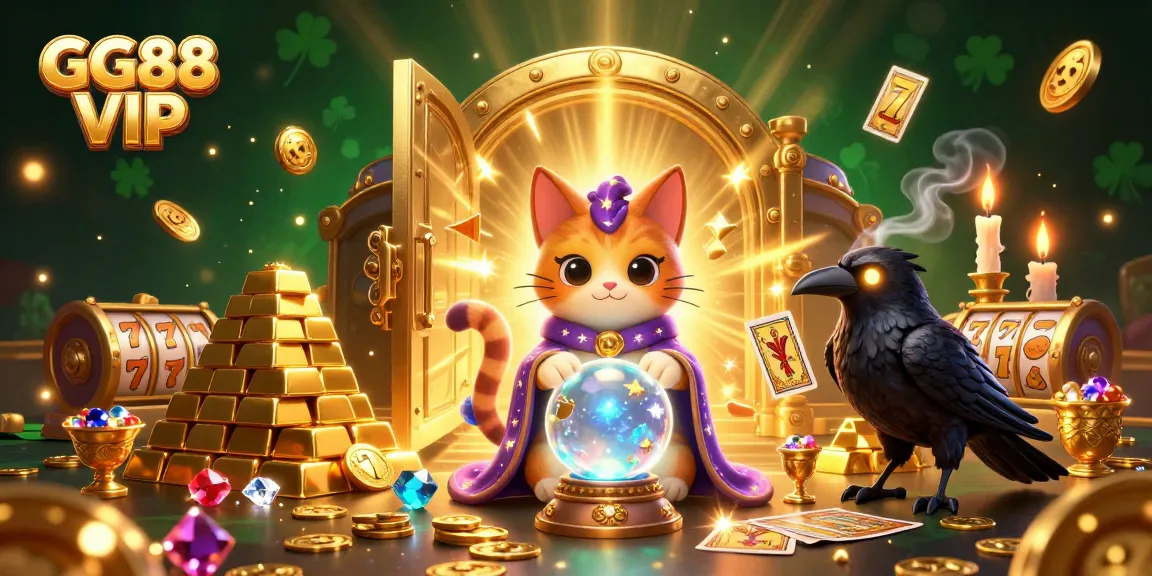 Engage with GG88 VIP’s magical gambling experience featuring a fortune teller cat and glowing treasures.