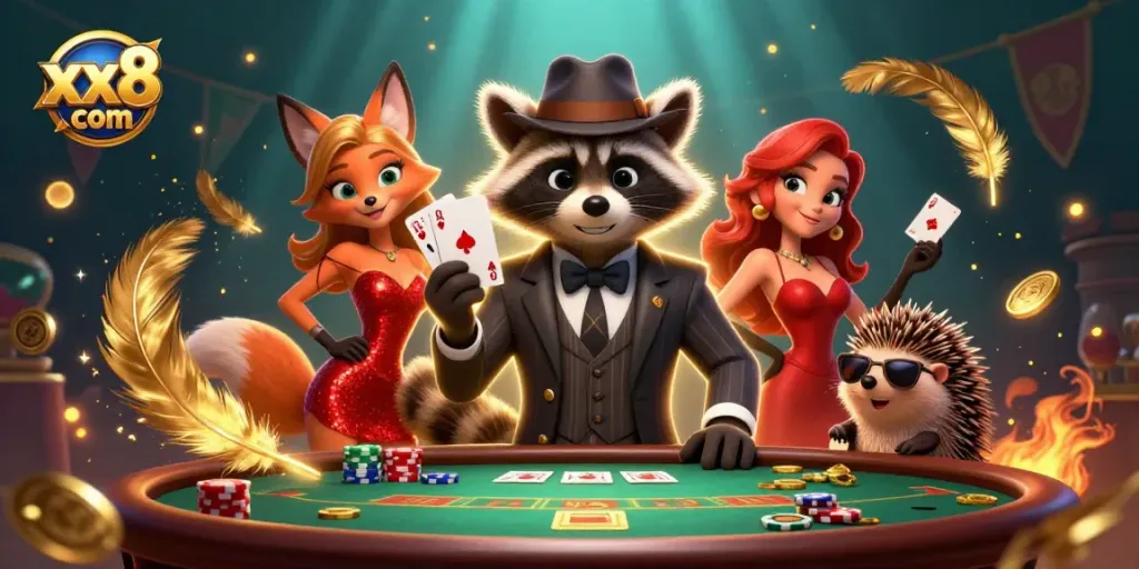 Experience thrilling gameplay with xx8 com, featuring a raccoon in a royal flush showdown amidst vibrant casino elements.