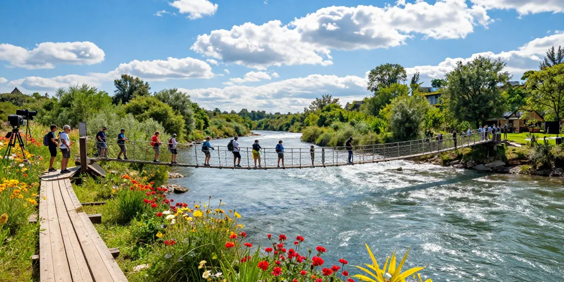 River Rope Bridge connecting two banks, with hikers enjoying nature exploration.