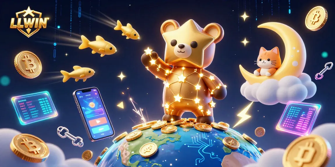 LLWIN creates an enchanting gaming realm as a constellation bear scoops coins, showcasing vibrant crypto elements in a 3D casino