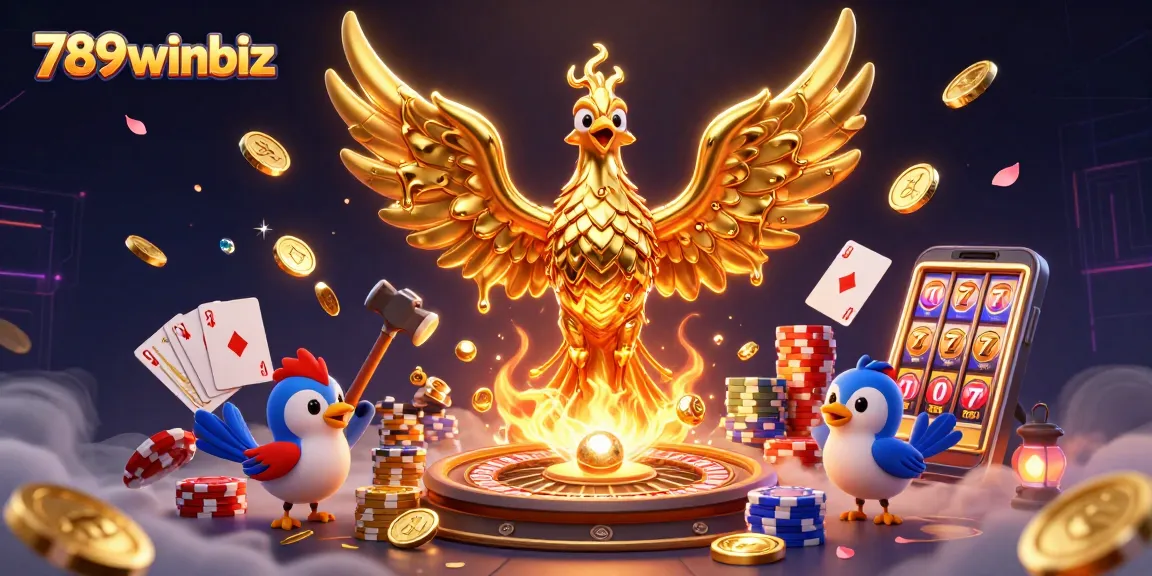 Engage with 789winbiz as molten golden phoenixes soar over a rich casino scene filled with vibrant slots and roulette elements.
