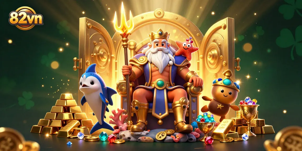 Experience vibrant 82vn casino thrills with Neptune and treasure in this dazzling 3D scene.