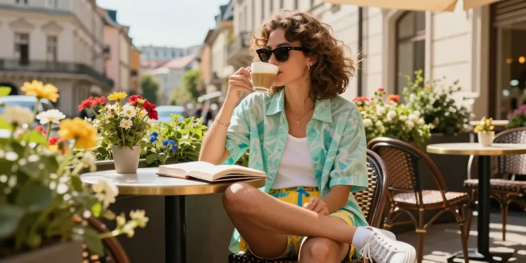 Indivíduo com óculos de sol elegante e casual em café ao ar livre na cidade.
