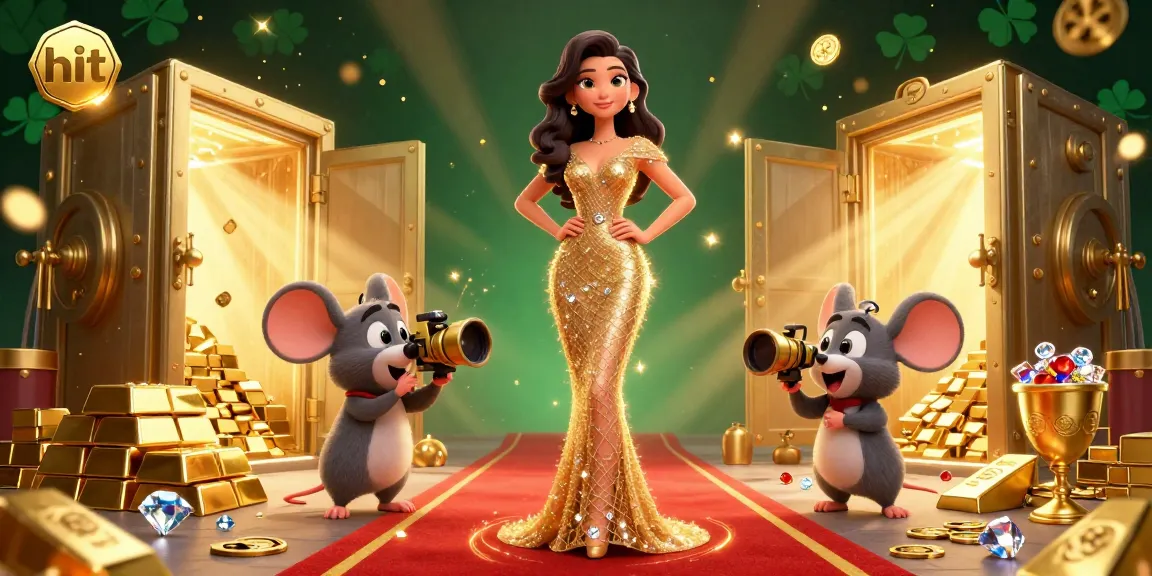 Spin for huge wins at Hit, featuring an enchanting casino scene with a glamorous woman and treasure vault.