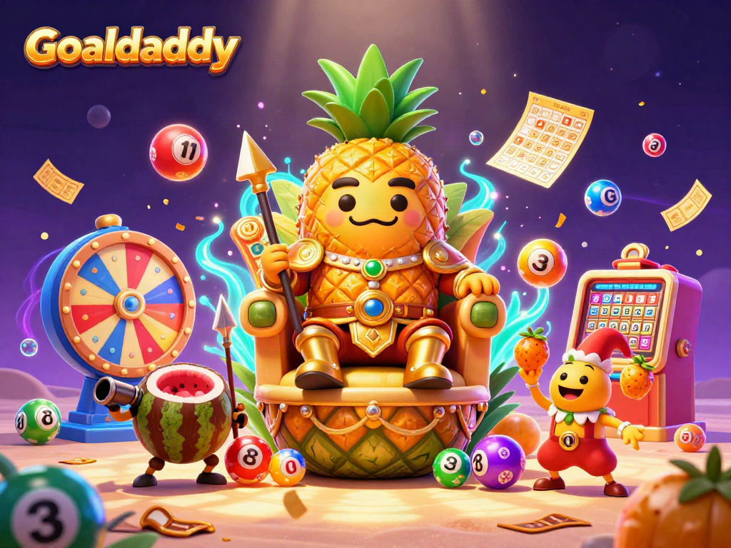 Experience exhilarating gaming with Goaldaddy, featuring a vibrant beach casino scene packed with colorful lottery elements.