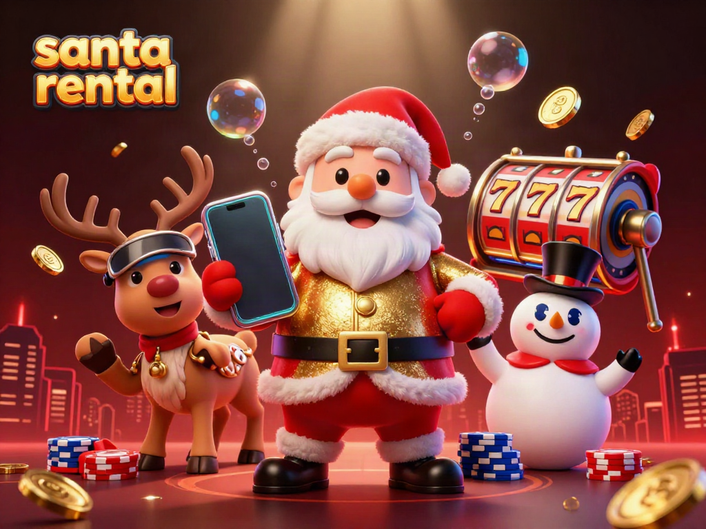 Engaging Santa rental scene with vibrant casino elements, featuring Santa, a reindeer, and a snowman.