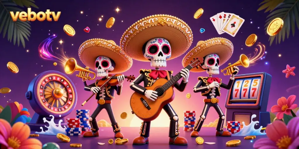 Experience thrilling moments with vebotv as a vibrant mariachi band entertains amidst colorful casino visuals.